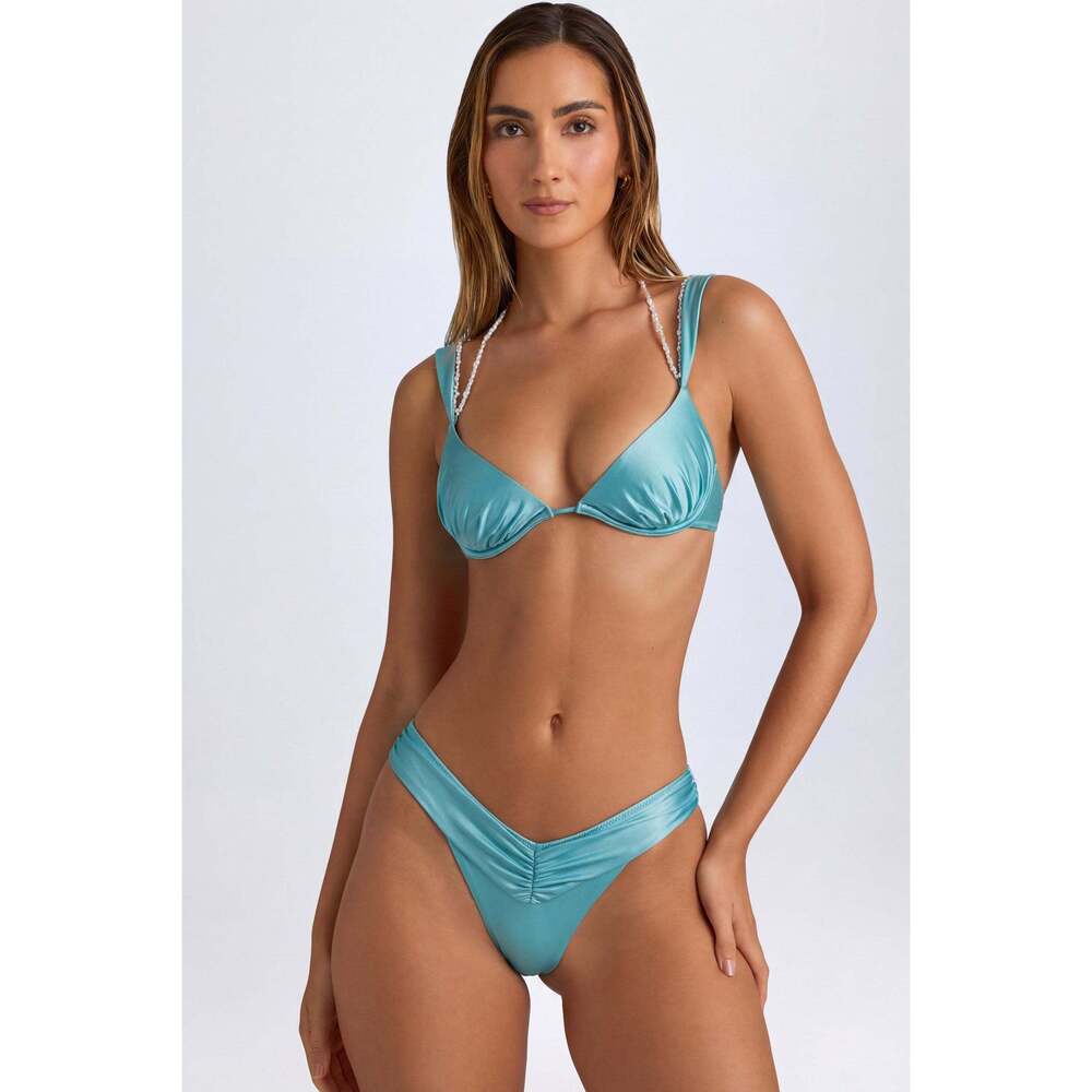 Oh Polly Pearl-Detail Ruched Bikini Top in Turquoise Size XSXS